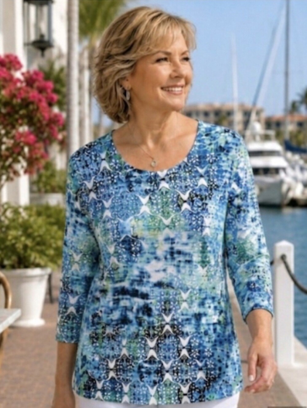 Alia Plus 1X Blue Green Medallion Tile Textured Knit 3/4 Sleeve Pullover Top